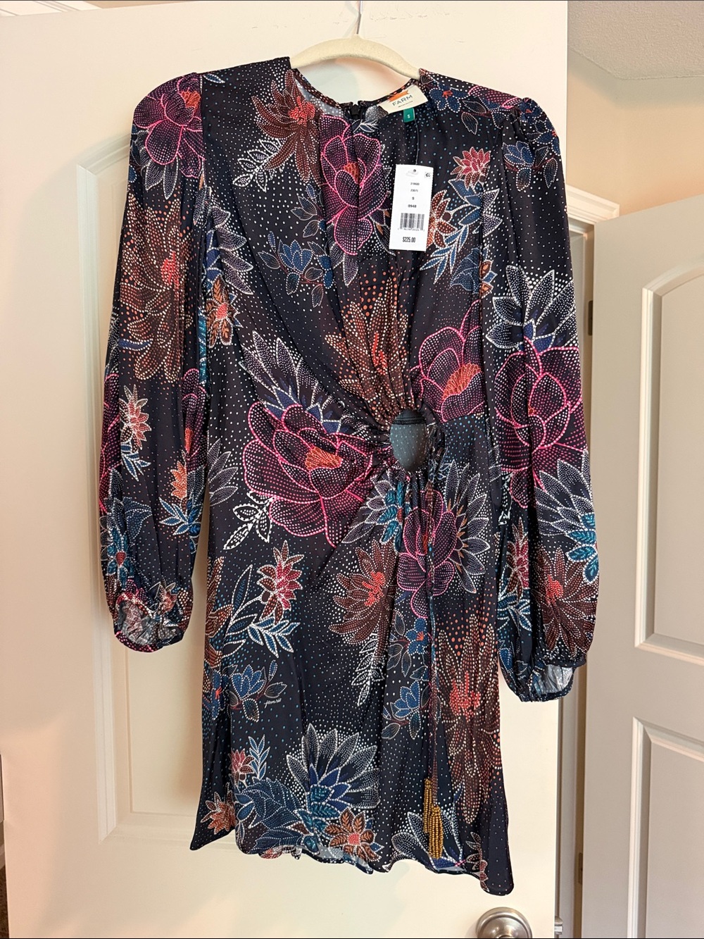 FARM RIO - Floral Twist-Front Long Sleeve Dress - Black with Pink & Blue Floral